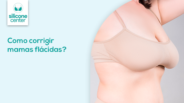 Imagem mostrando uma mulher usando um sutiã bege com os seios flácidos